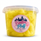 Boston Fluff banana cotton candy in a clear 1.75 oz tub