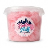 Boston Fluff strawberry cotton candy in a clear 1.75 oz tub